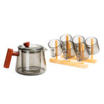 SKLENĚNÁ ČAJOVÁ SOUPRAVA ZATMAVENÁ • KONVICE 500 ML + 6 ŠÁLKŮ + BAMBUSOVÝ STOJAN