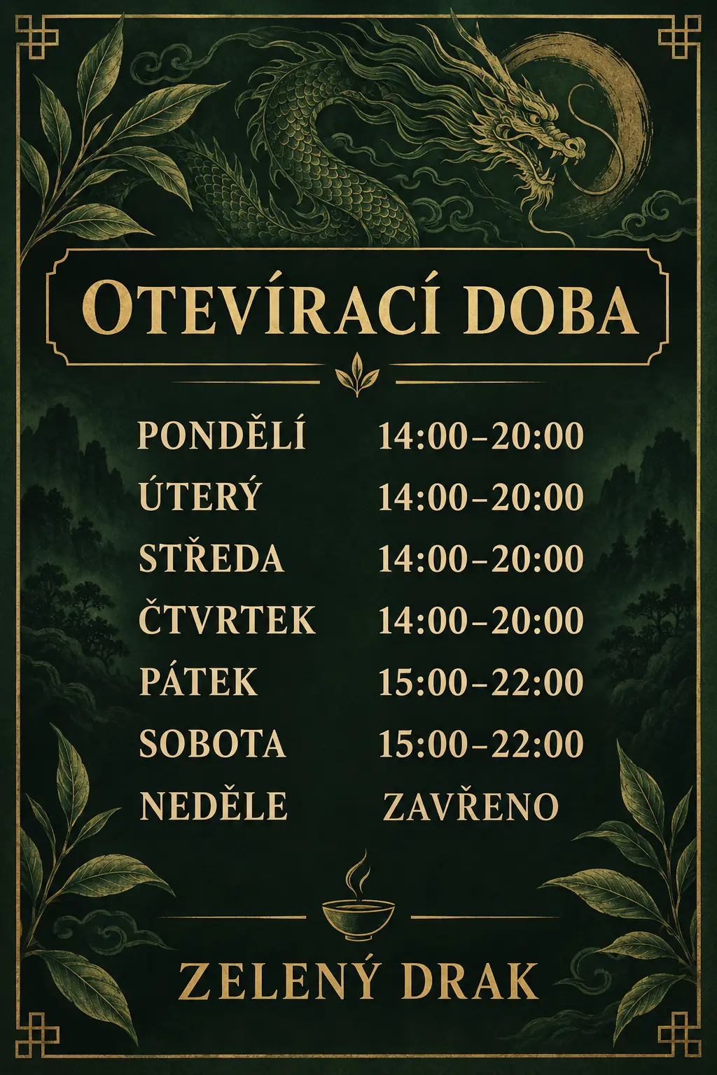 Prázdninová otevírací doba Zelený Drak čajovna kavárna Třebíč